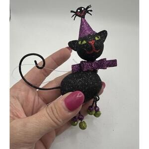Pier 1 Halloween Ornament Black Cat Dangle Collectible Glitter Holiday Decor